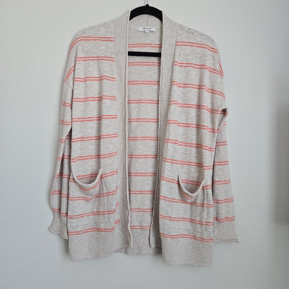 Madewell Long Line Open Striped Cardigan Front Pockets Cotton Blend Size S